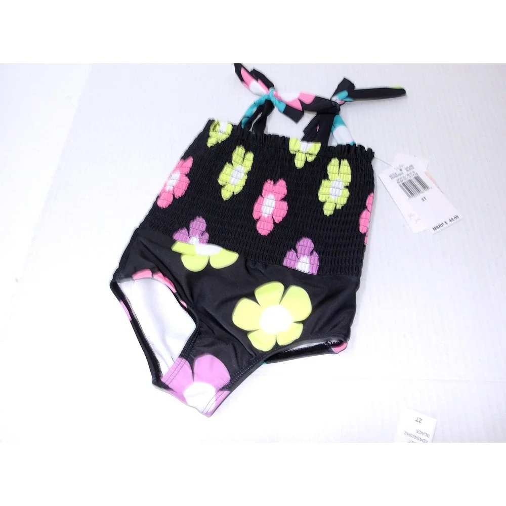 Jessica Simpson Swimsuit Black Smocked Tie Straps & Skirt Cover‎ Up 2T/#26107